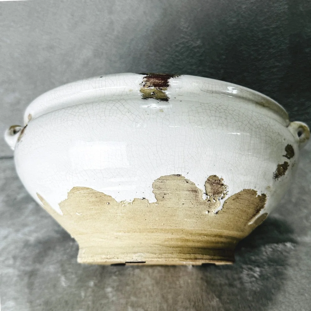 Rustic White Crackle Glaze Stoneware Bowl Planter Farmhouse Cottagecore Decor